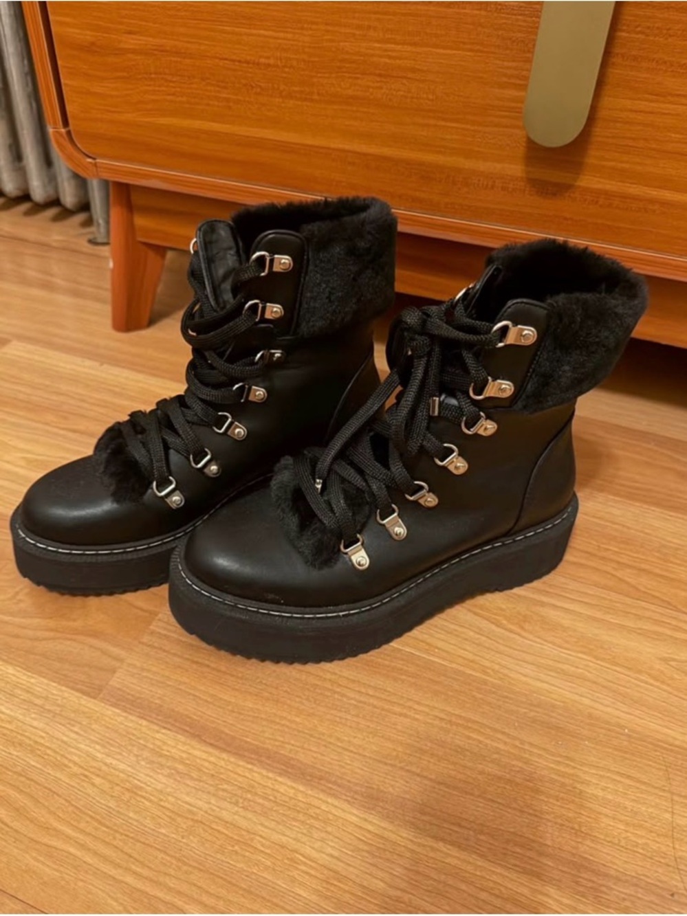 Women's Black Lace-Up Fur Platform Boots